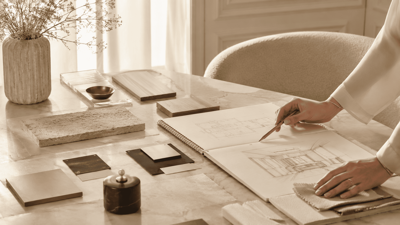 Carnet de croquis, matières et échantillons pour préparer un projet de décoration intérieure